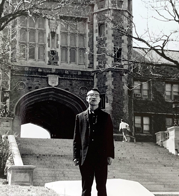 Ja Song in front of WashU's Brookings Hall