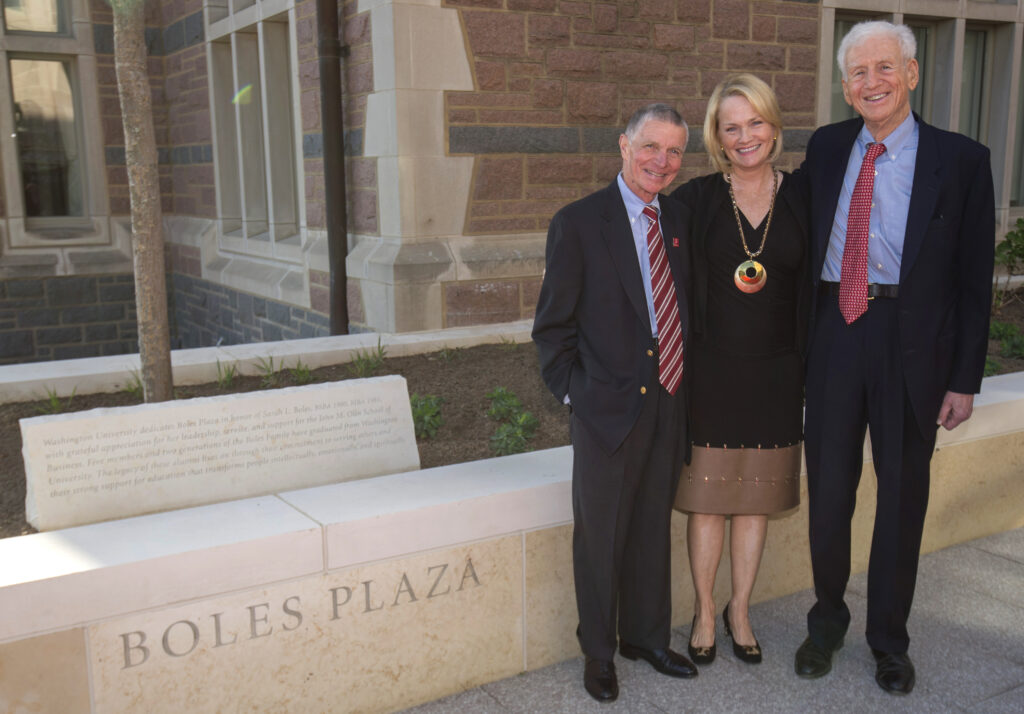In 2014, Sarah Boles reunited with Olin Business School Dean Emeritus Bob Virgil and the late William H. Danforth in Boles Plaza, a space outside Knight Hall and Bauer Hall bearing her family's name.